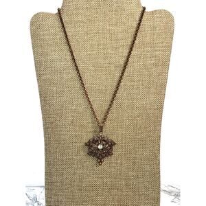 Vintage Copper Tone Pendant Necklace with Faux Gemstones and Pearls
